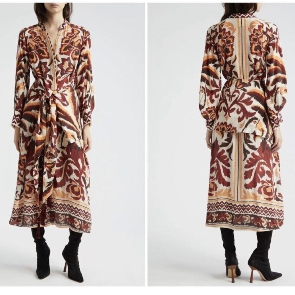 Farm Rio Tie Front Long Sleeve Toucans Scarf Cream Maxi
Shirtdress